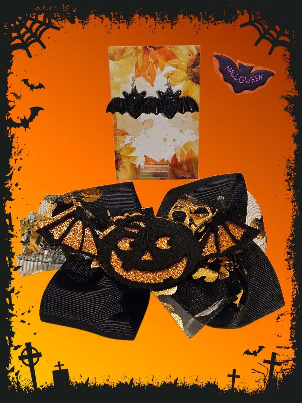 Halloween Bat Winged Pumpkin Kids Hair Bow Clip And Bat Earrings Black & Orange